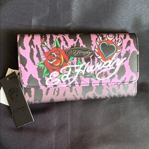 Ed Hardy Pink Zebra Rose & Flaming Heart Continental Wallet